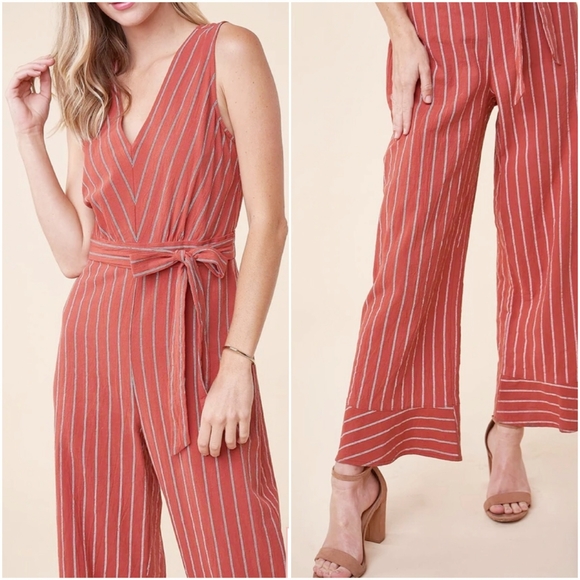 SUGAR + LIPS  Boho Chic Light Rust Striped Jumpsuit - Picture 5 of 9